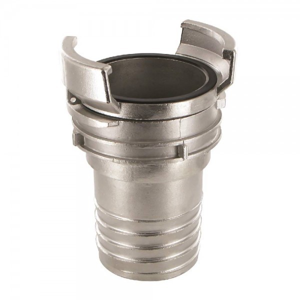 Guillemin coupling toothed hose shank - with latch. Mainly used in road tankers, industrial and agricultural tanks (mainly BeNeLux). The connections are made of stainless steel, aluminum or polypropylene.